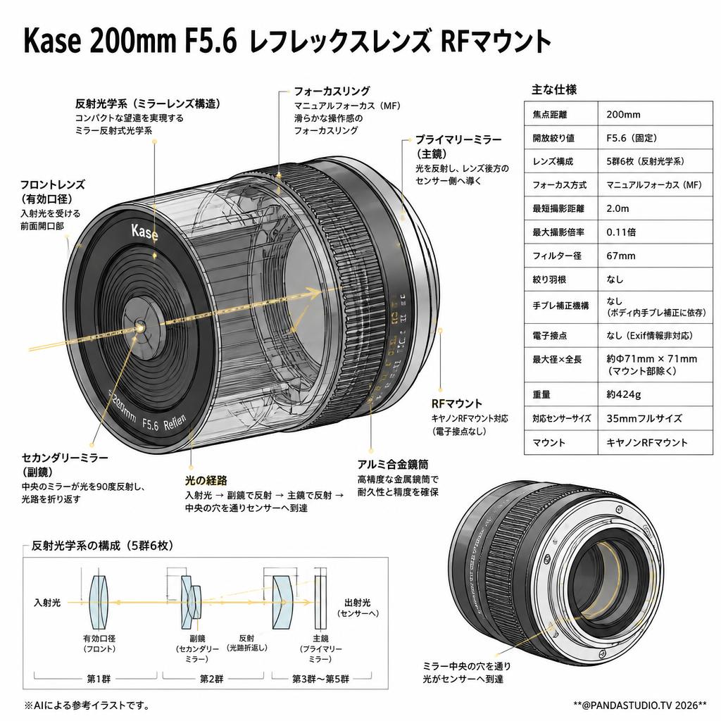 Kase 200mm F5.6 レフレックスレンズ RFマウント スペック