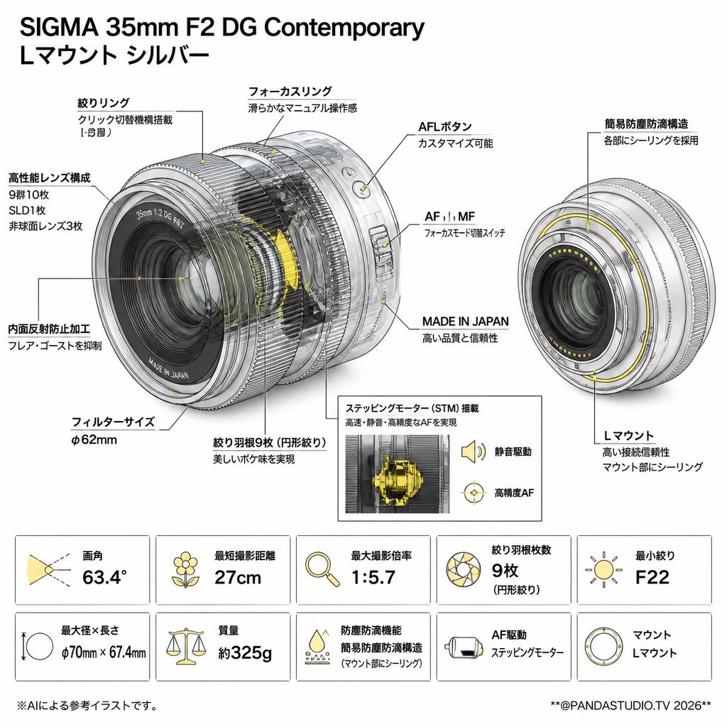 SIGMA 35mm F2 DG Contemporary Lマウント シルバー スペック