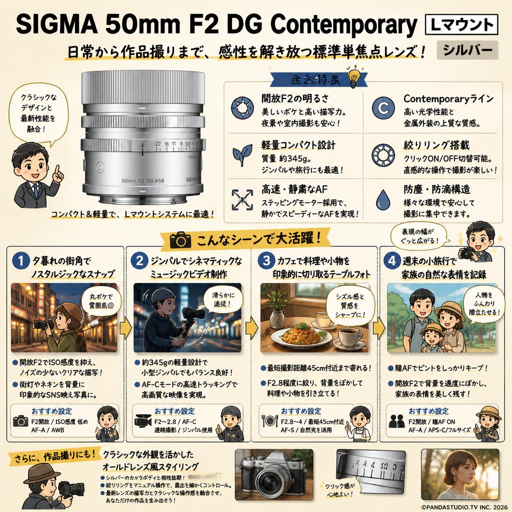 SIGMA 50mm F2 DG Contemporary  Lマウント シルバー 用途