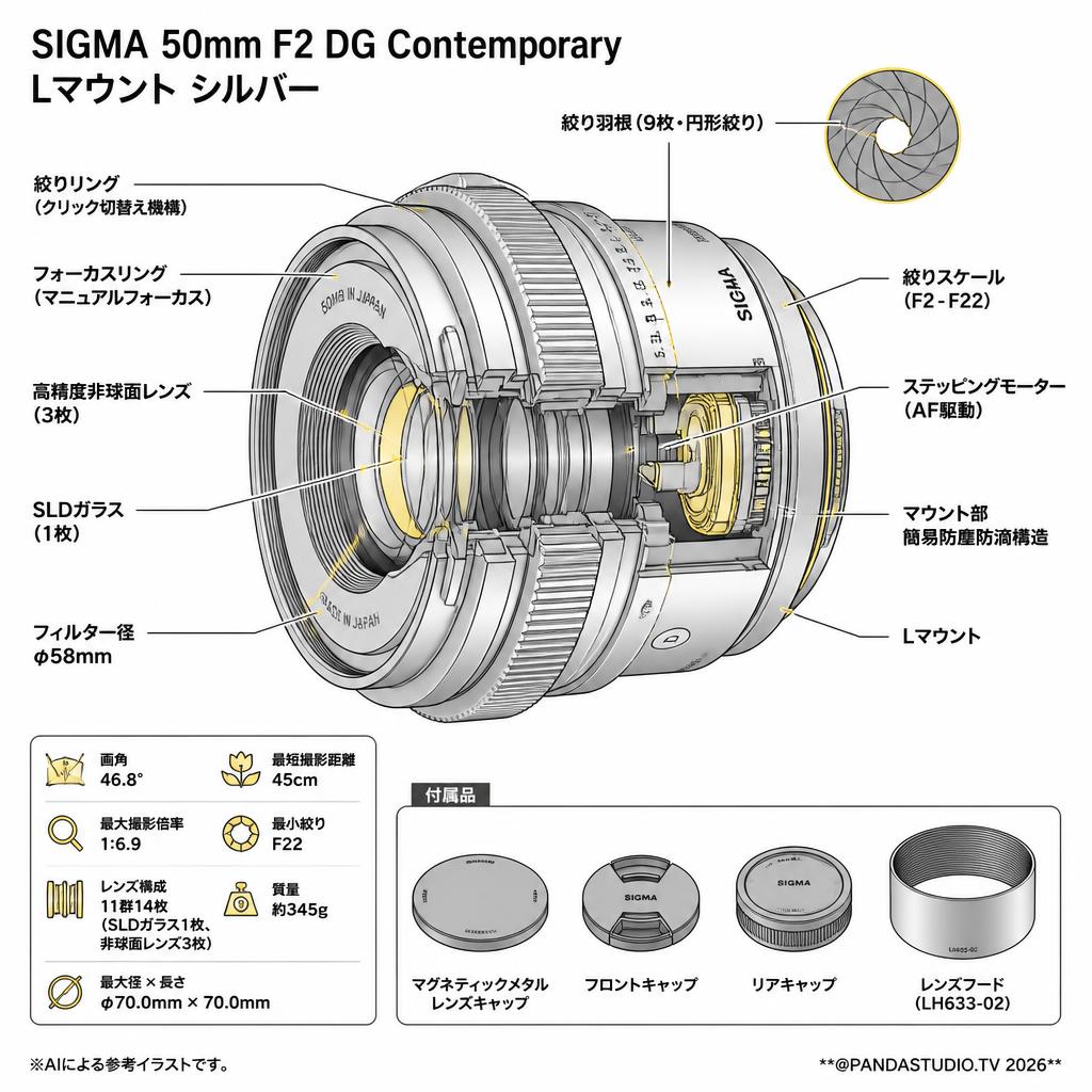 SIGMA 50mm F2 DG Contemporary  Lマウント シルバー スペック
