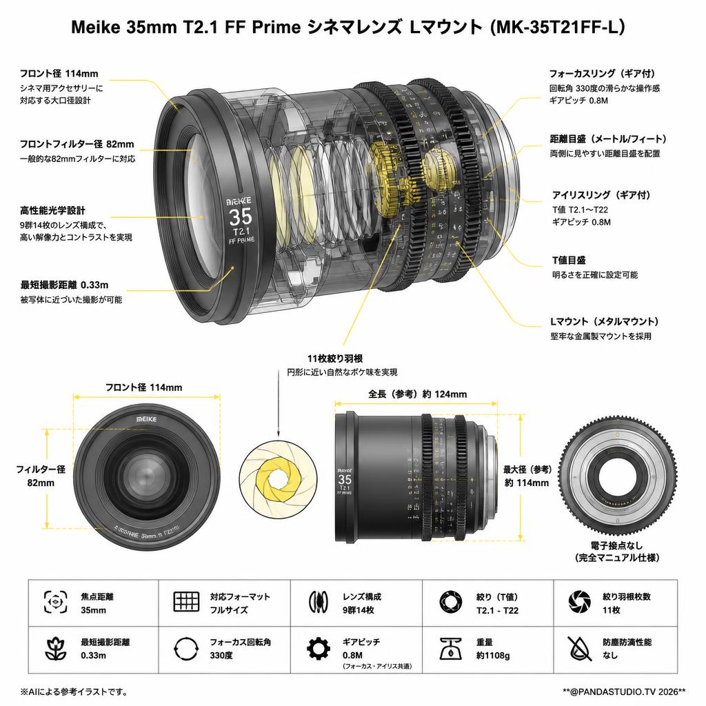 Meike 35mm T2.1 FF Prime シネマレンズ Lマウント (MK-35T21FF-L） スペック