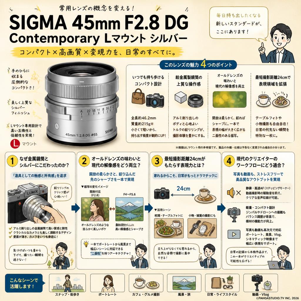 SIGMA 45mm F2.8 DG  Contemporary Lマウント シルバー 概要