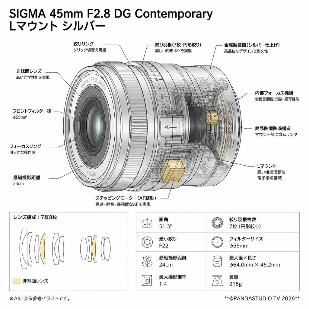 SIGMA 45mm F2.8 DG  Contemporary Lマウント シルバー スペック
