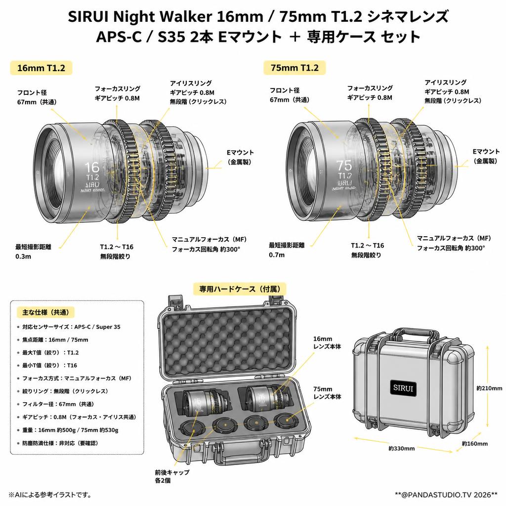 SIRUI Night Walker 16mm / 75mm T1.2 シネマレンズ  APS-C/S35 2本 Eマウント ＋ 専用ケース セット スペック