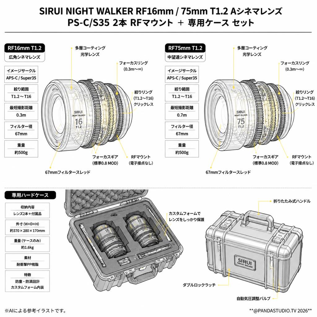 SIRUI Night Walker RF16mm / 75mm T1.2 Aシネマレンズ PS-C/S35 2本 RFマウント ＋専用ケース セット スペック