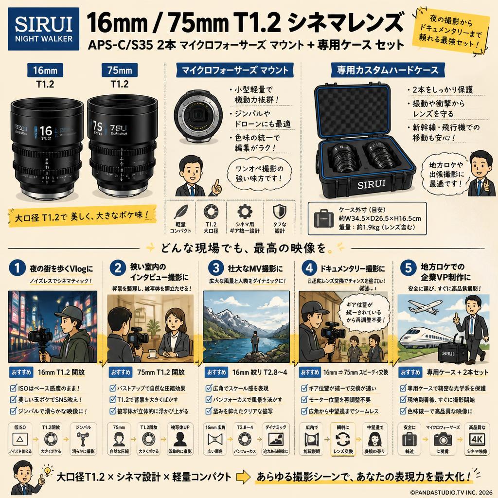 SIRUI Night Walker 16mm / 75mm T1.2 シネマレンズ APS-C/S35 2本 マイクロフォーサーズ マウント + 専用ケース セット 用途