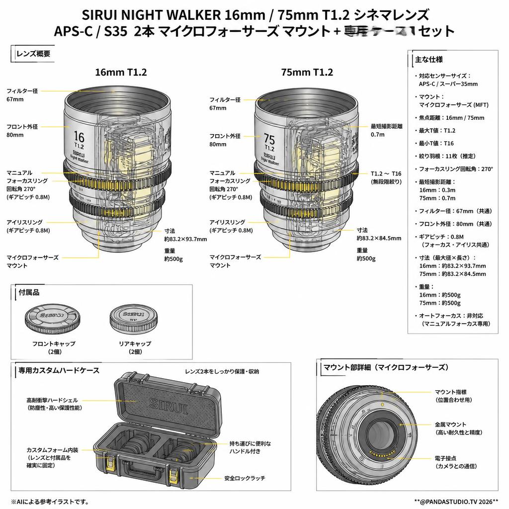SIRUI Night Walker 16mm / 75mm T1.2 シネマレンズ APS-C/S35 2本 マイクロフォーサーズ マウント + 専用ケース セット スペック