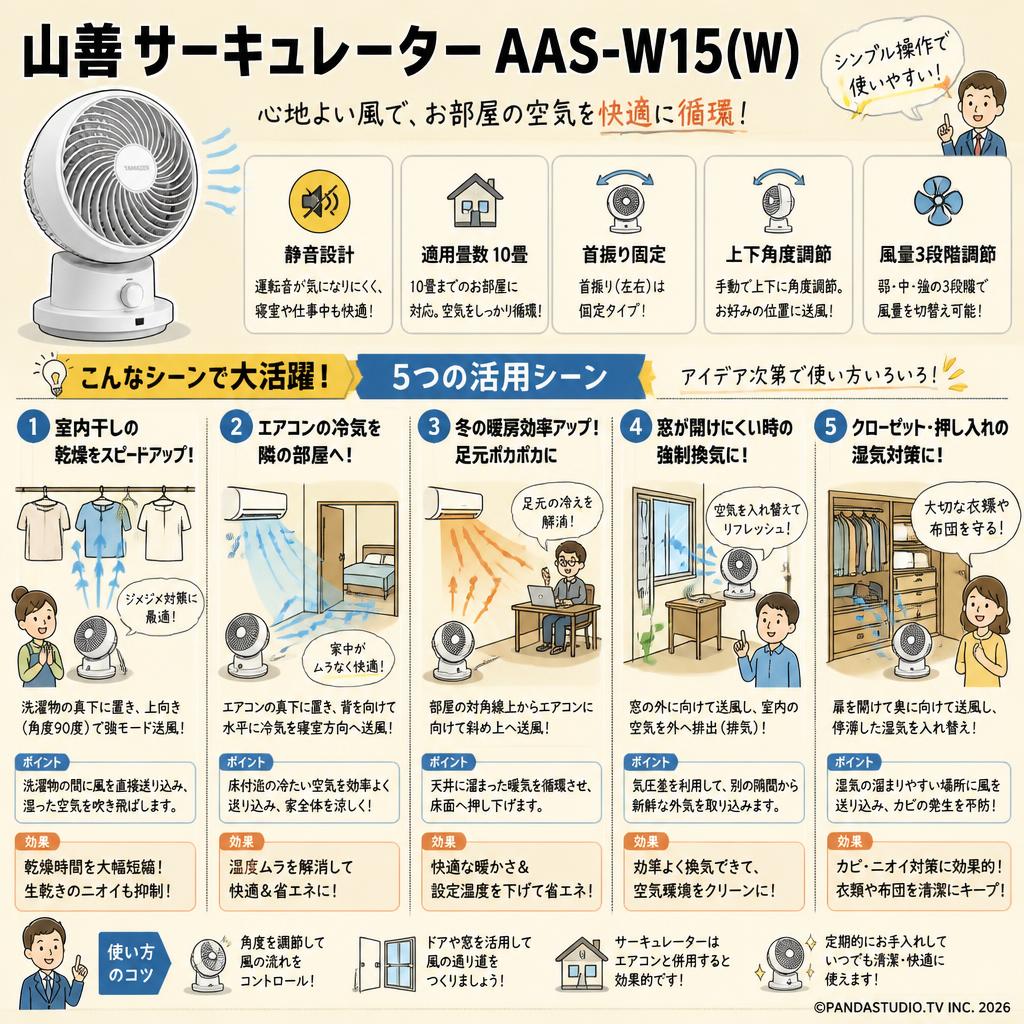 山善　サーキュレーター 静音 10畳 首振り固定 上下角度調節 風量3段階調節 (換気/空気循環) ホワイト AAS-W15(W) 用途