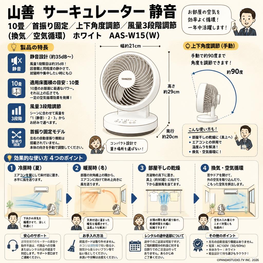山善　サーキュレーター 静音 10畳 首振り固定 上下角度調節 風量3段階調節 (換気/空気循環) ホワイト AAS-W15(W) FAQ（よくある質問と答え）