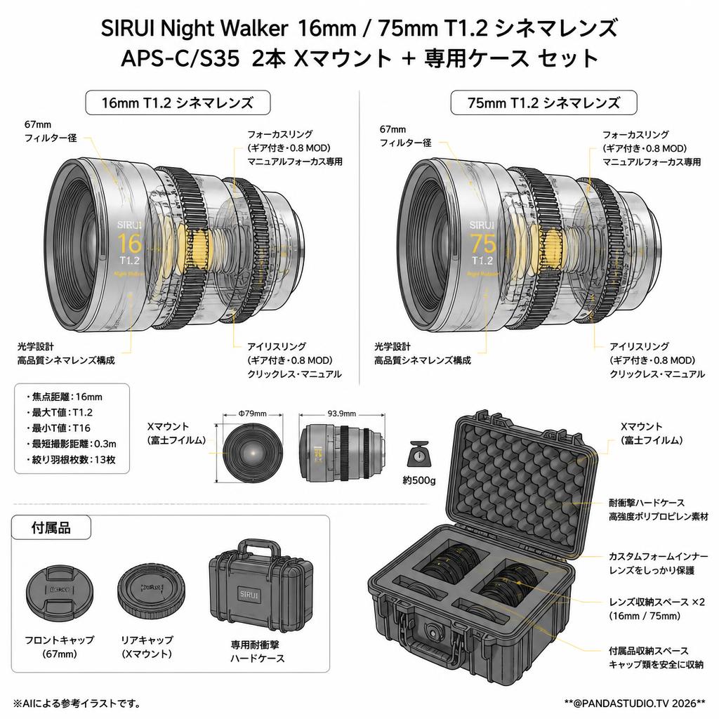 SIRUI Night Walker 16mm / 75mm T1.2 シネマレンズAPS-C/S35 2本 Xマウント + 専用ケース セット スペック