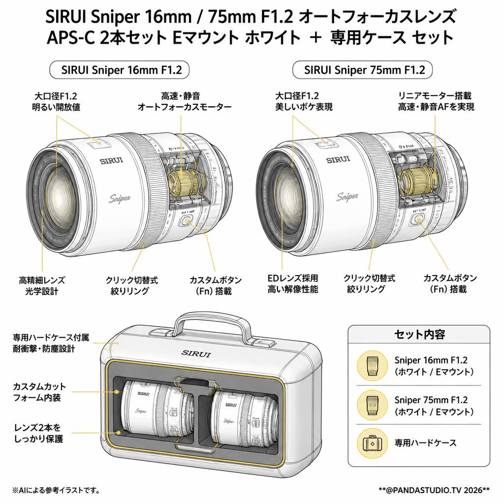 SIRUI Sniper 16mm / 75mm F1.2 オートフォーカスレンズAPS-C 2本セット Eマウント ホワイト ＋ 専用ケース セット スペック