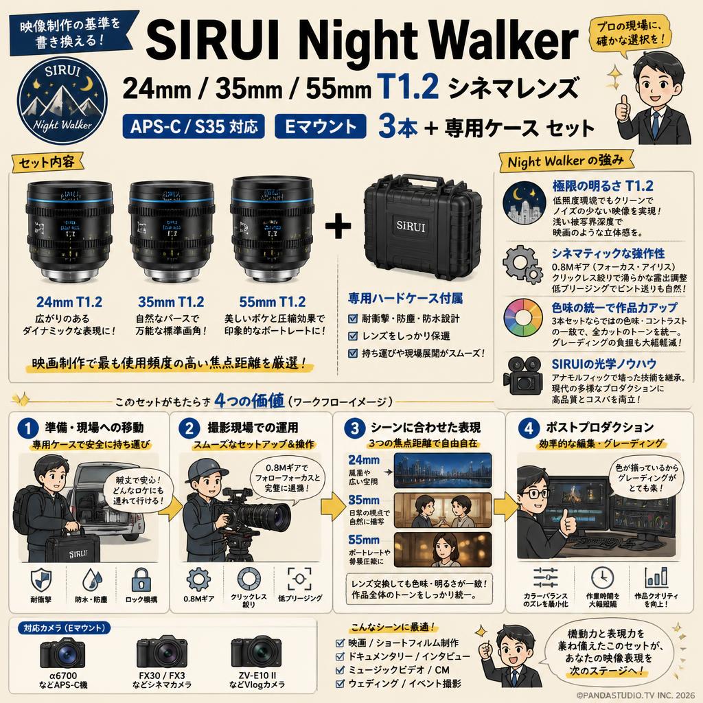 SIRUI Night Walker 24mm / 35mm / 55mm T1.2 シネマレンズ APS-C/S35 3本 Eマウント + 専用ケース セット 概要