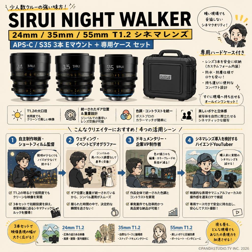 SIRUI Night Walker 24mm / 35mm / 55mm T1.2 シネマレンズ APS-C/S35 3本 Eマウント + 専用ケース セット おもな対象のお客様