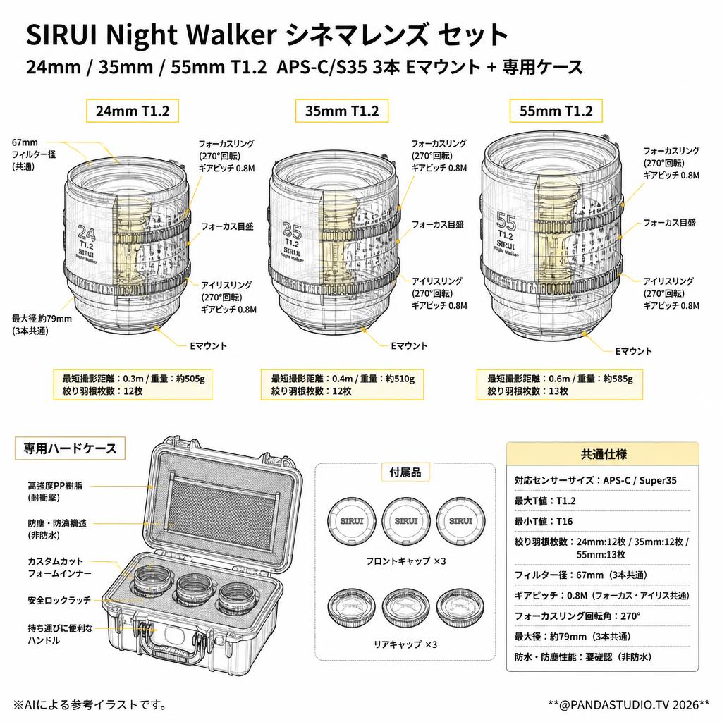 SIRUI Night Walker 24mm / 35mm / 55mm T1.2 シネマレンズ APS-C/S35 3本 Eマウント + 専用ケース セット スペック
