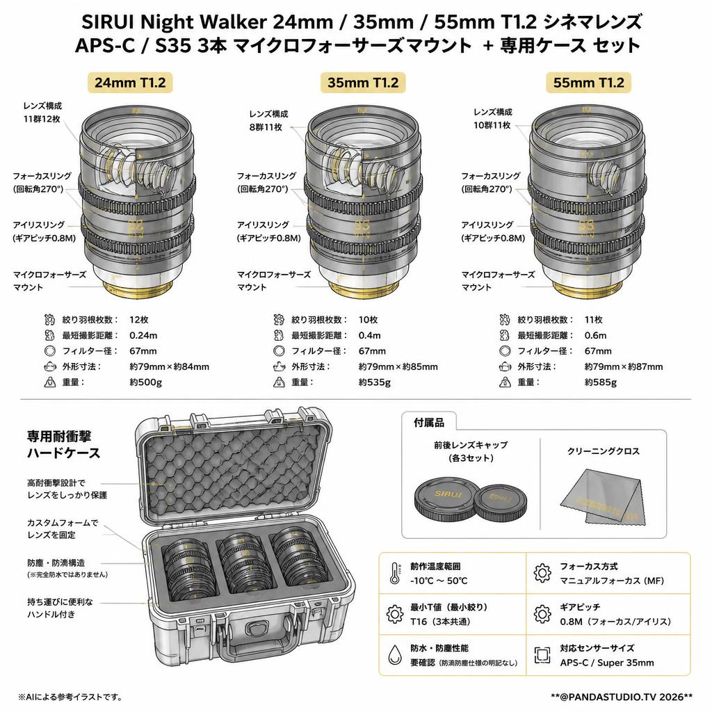 SIRUI Night Walker 24mm / 35mm / 55mm T1.2 シネマレンズ APS-C/S35 3本 マイクロフォーサーズ マウント + 専用ケース セット スペック