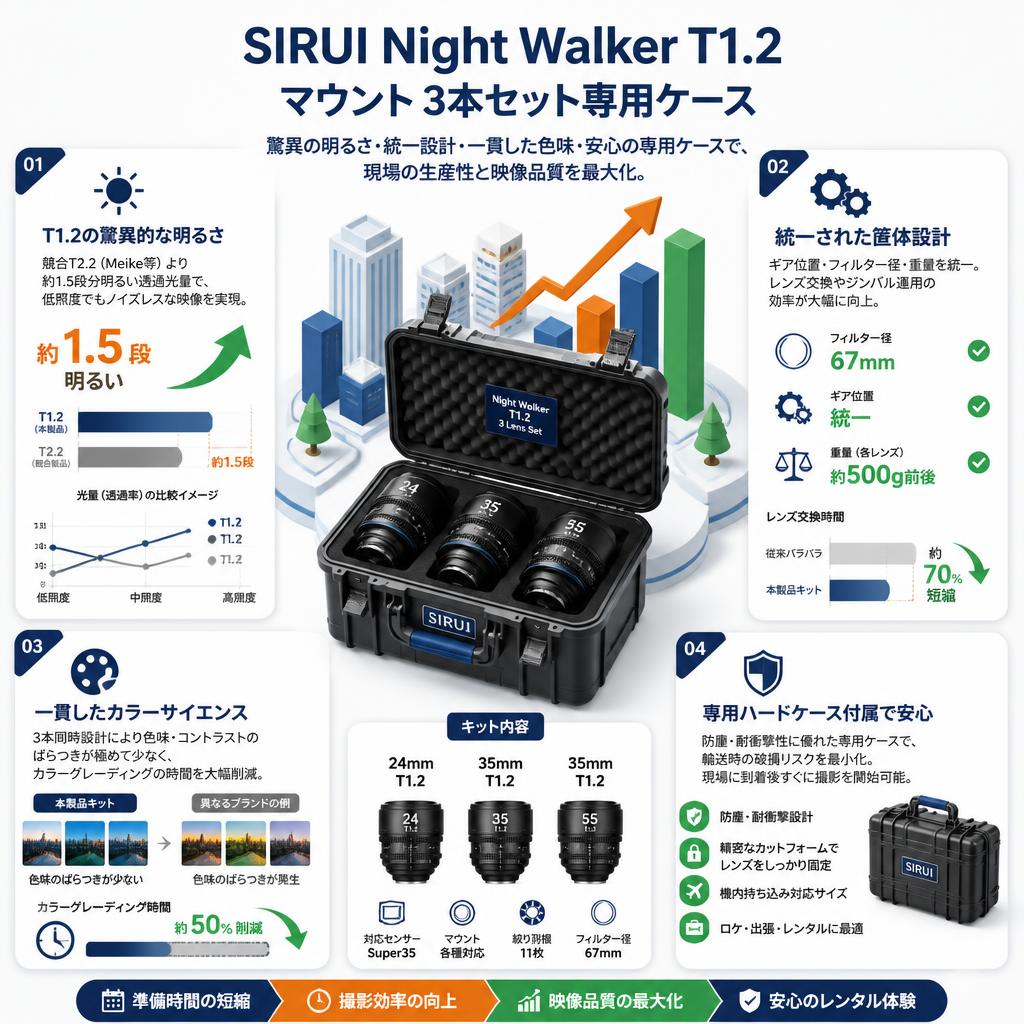 SIRUI Night Walker T1.2 マウント 3本セット専用ケース セールスポイント