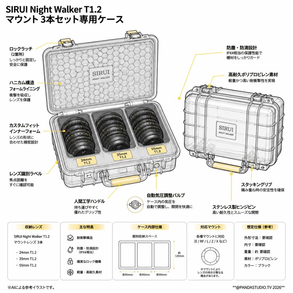 SIRUI Night Walker T1.2 マウント 3本セット専用ケース スペック