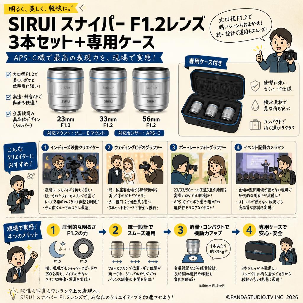 SIRUI Sniper 23mm / 33mm / 56mm F1.2 オートフォーカス APS-C 3本セット Eマウント シルバー + 専用ケース セット おもな対象のお客様