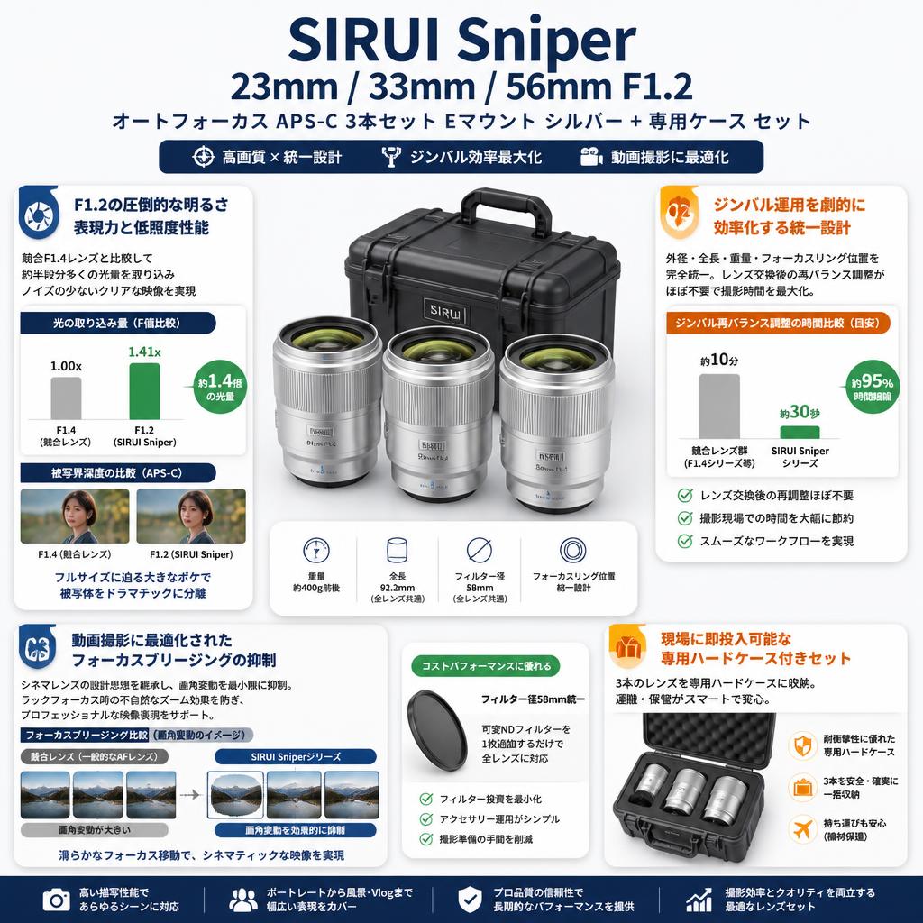 SIRUI Sniper 23mm / 33mm / 56mm F1.2 オートフォーカス APS-C 3本セット Eマウント シルバー + 専用ケース セット セールスポイント