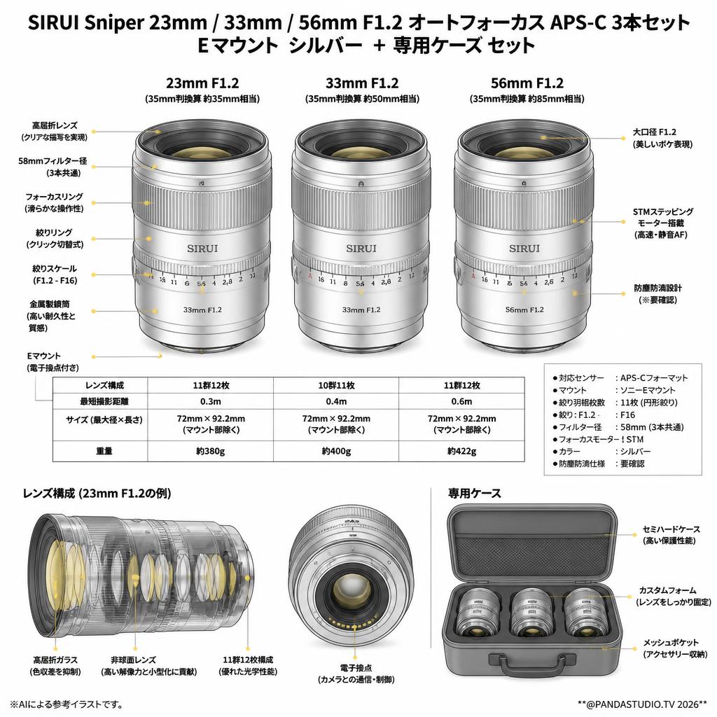 SIRUI Sniper 23mm / 33mm / 56mm F1.2 オートフォーカス APS-C 3本セット Eマウント シルバー + 専用ケース セット スペック