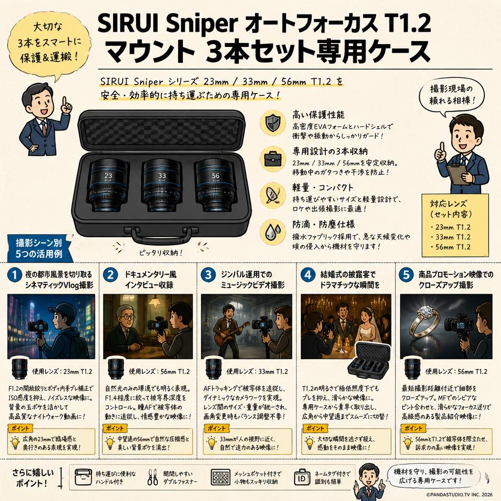 SIRUI Sniper オートフォーカス T1.2 マウント 3本セット専用ケース 用途