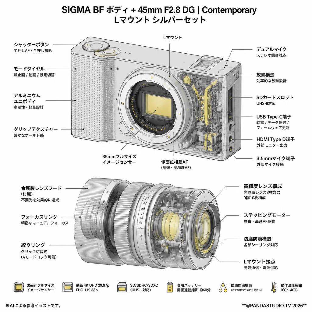 SIGMA BF ボディ+ 45mm F2.8 DG  Contemporary Lマウント シルバーセット スペック