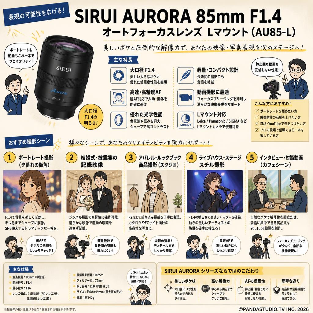 SIRUI AURORA 85mm F1.4 オートフォーカスレンズ  Lマウント ( AU85-L) 用途