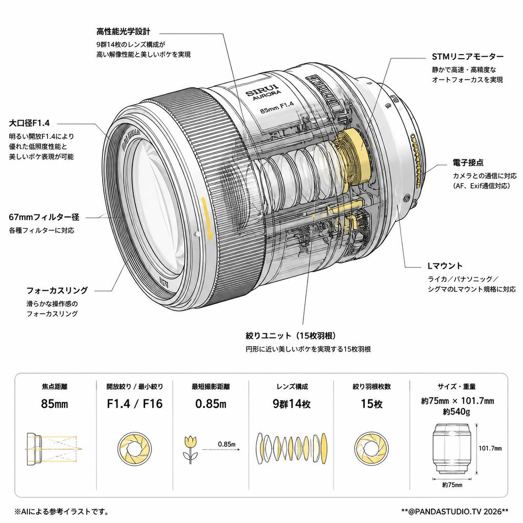 SIRUI AURORA 85mm F1.4 オートフォーカスレンズ  Lマウント ( AU85-L) スペック