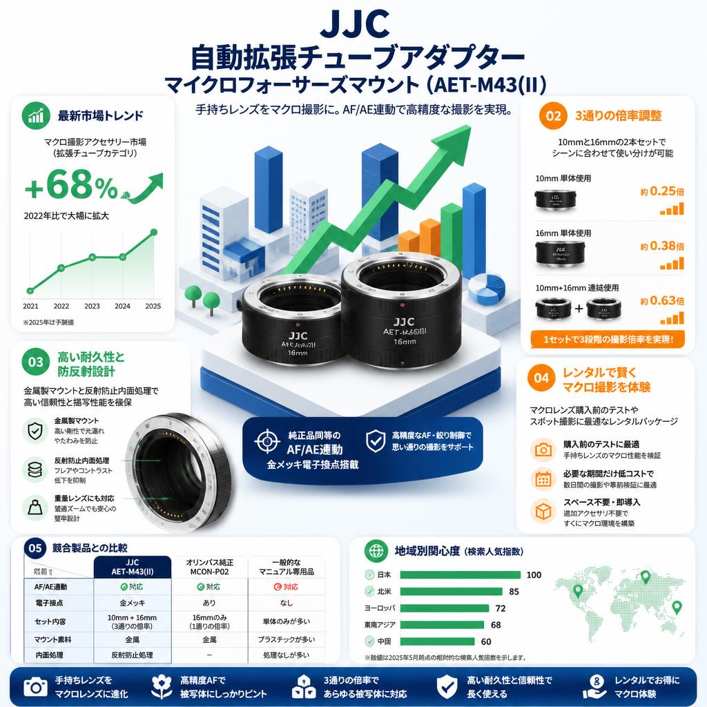 JJC Automatic 拡張チューブアダプター マイクロフォーサーズ マウント （AET-M43(II)） セールスポイント