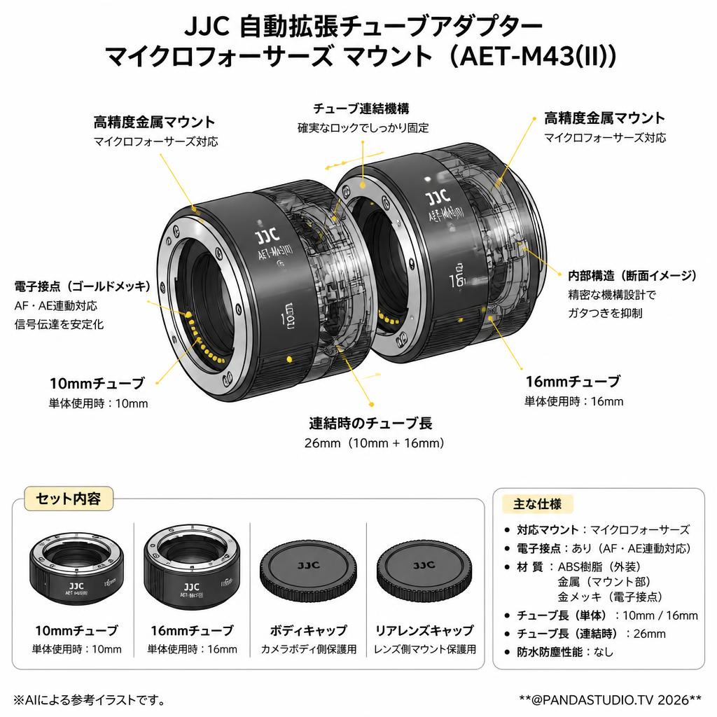JJC Automatic 拡張チューブアダプター マイクロフォーサーズ マウント （AET-M43(II)） スペック