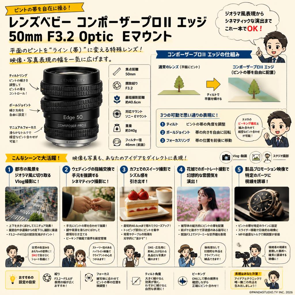 レンズベビー コンポーザープロII エッジ 50mm F3.2 Optic  Eマウント 用途