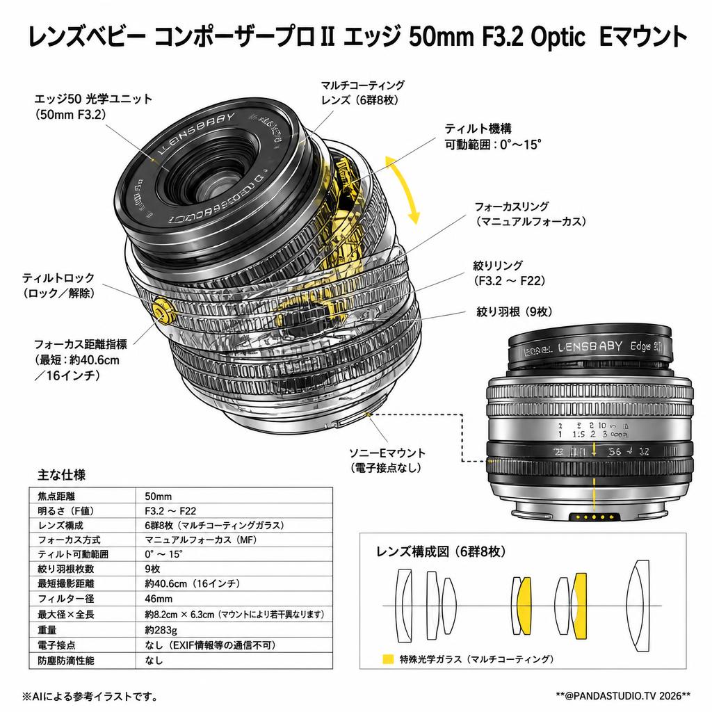 レンズベビー コンポーザープロII エッジ 50mm F3.2 Optic  Eマウント スペック