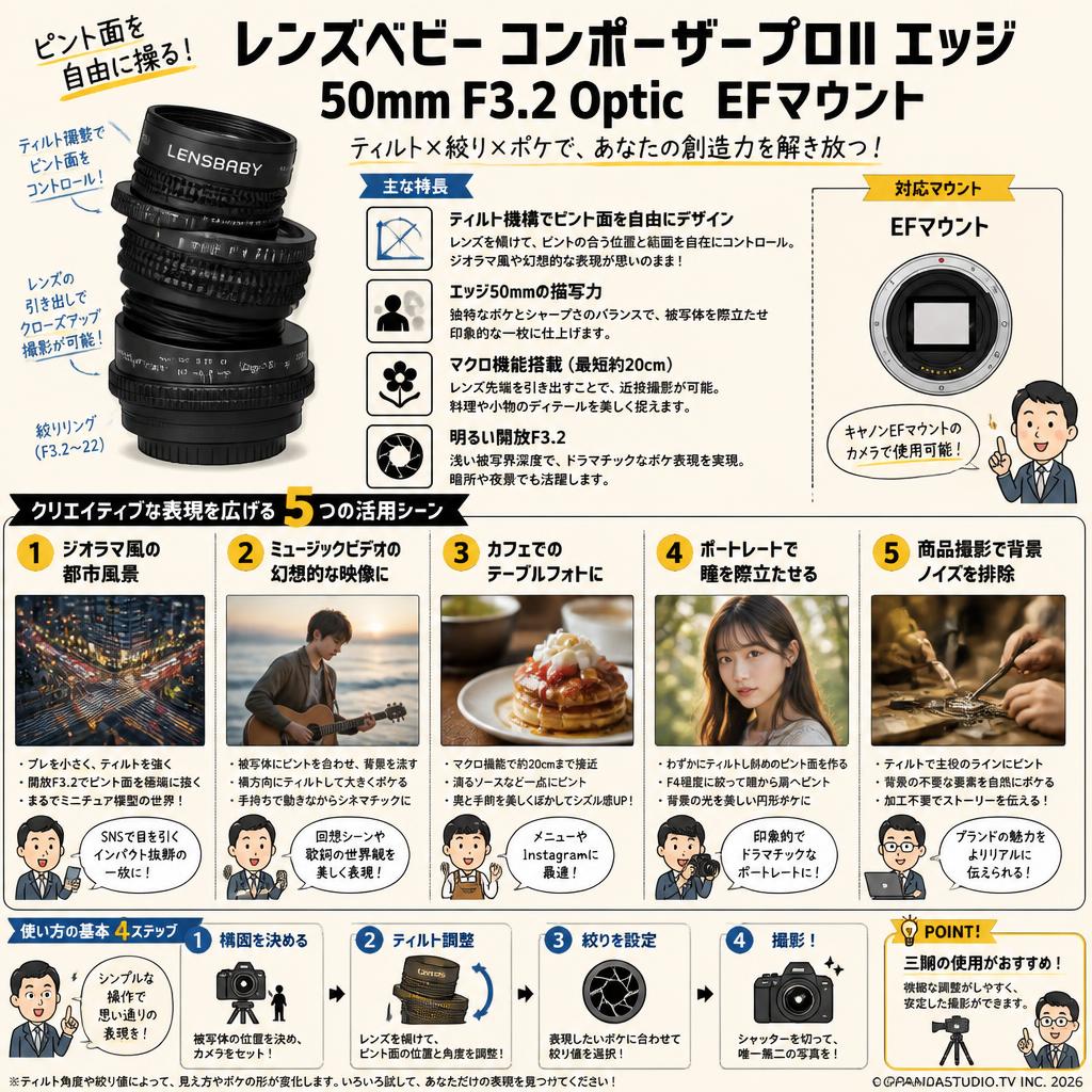 レンズベビー コンポーザープロII エッジ 50mm F3.2 Optic  EFマウント 用途