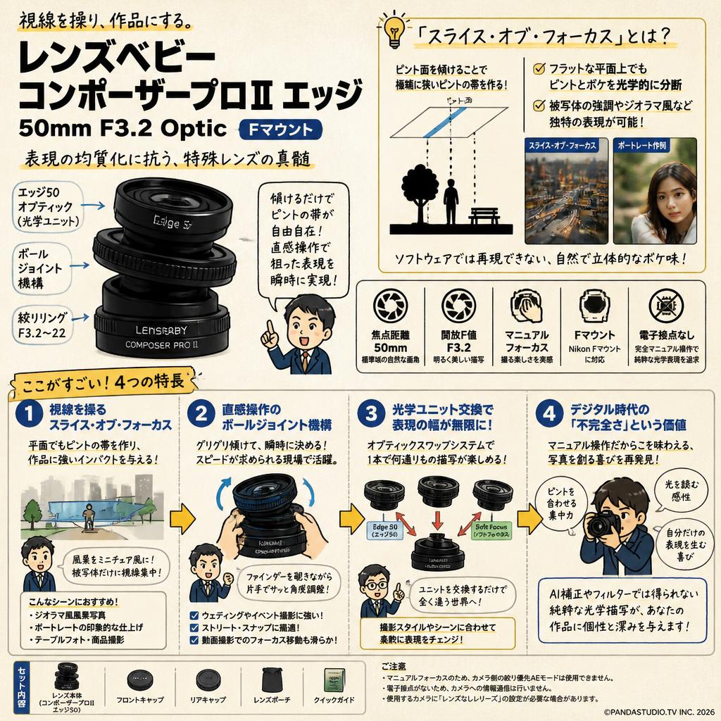 レンズベビー コンポーザープロII エッジ 50mm F3.2 Optic  Fマウント 概要