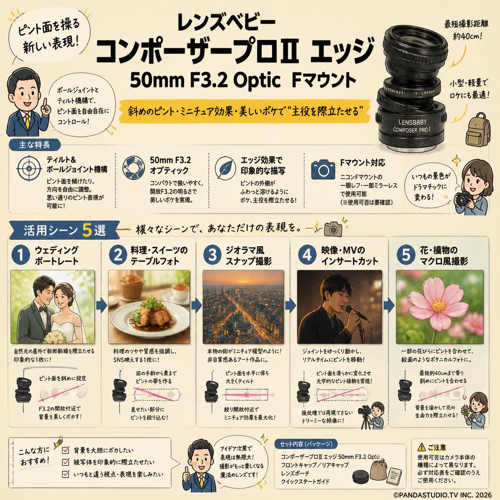 レンズベビー コンポーザープロII エッジ 50mm F3.2 Optic  Fマウント 用途