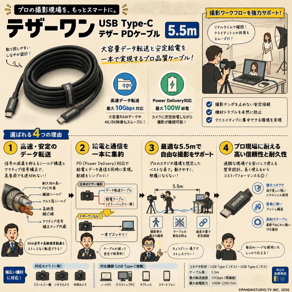 テザーワン USB Type-C テザー PDケーブル 5.5m 概要