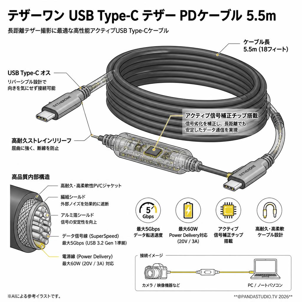 テザーワン USB Type-C テザー PDケーブル 5.5m スペック