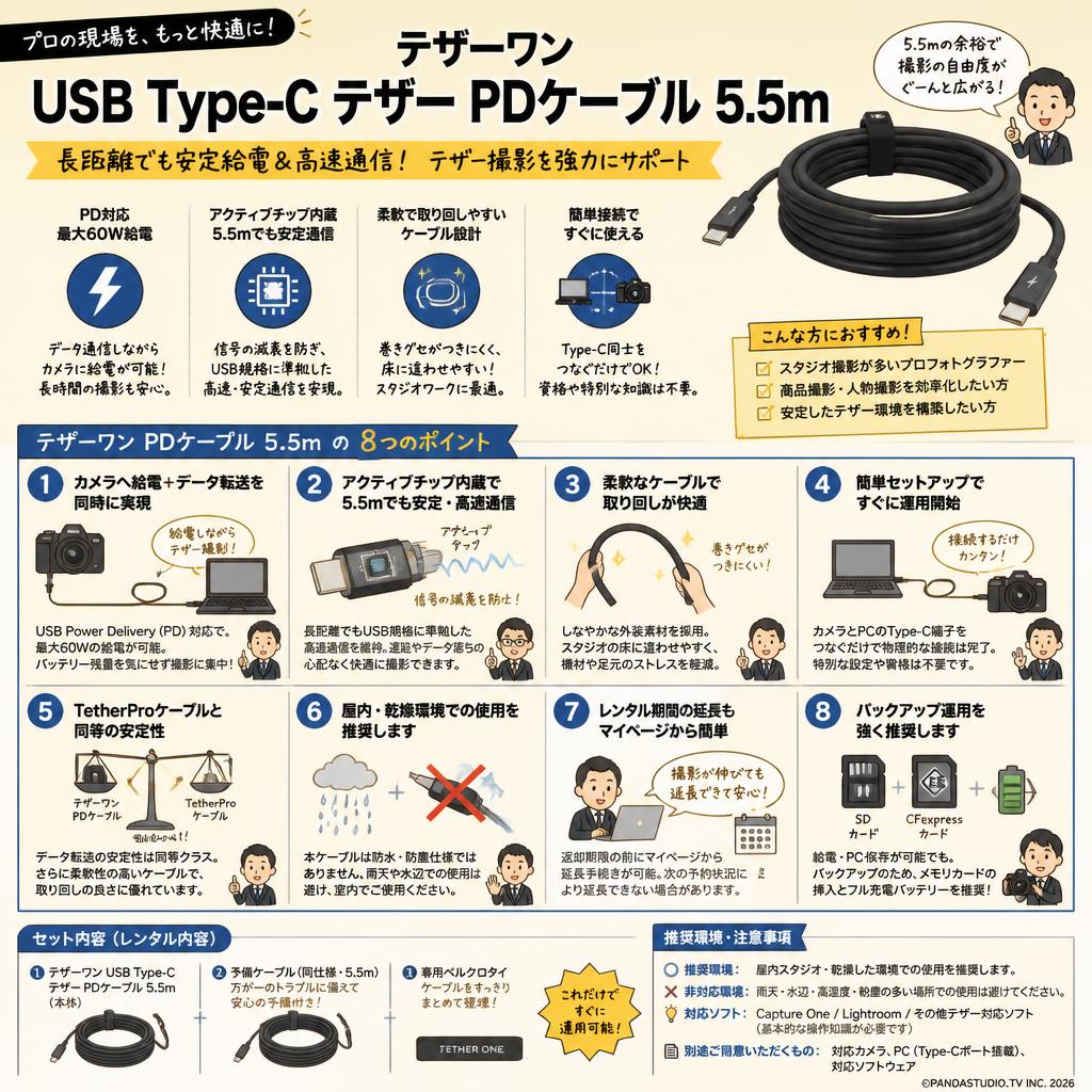 テザーワン USB Type-C テザー PDケーブル 5.5m FAQ（よくある質問と答え）