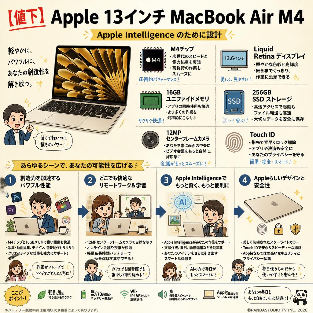 【値下】Apple 13インチMacBook Air M4  Apple Intelligence のために設計13.6 インチ Liquid Retina ディスプレイ、16GBユニファイドメモリ、 256GB SSD ストレージ、12MP センターフレームカメラ、Touch ID - スターライト おもな対象のお客様