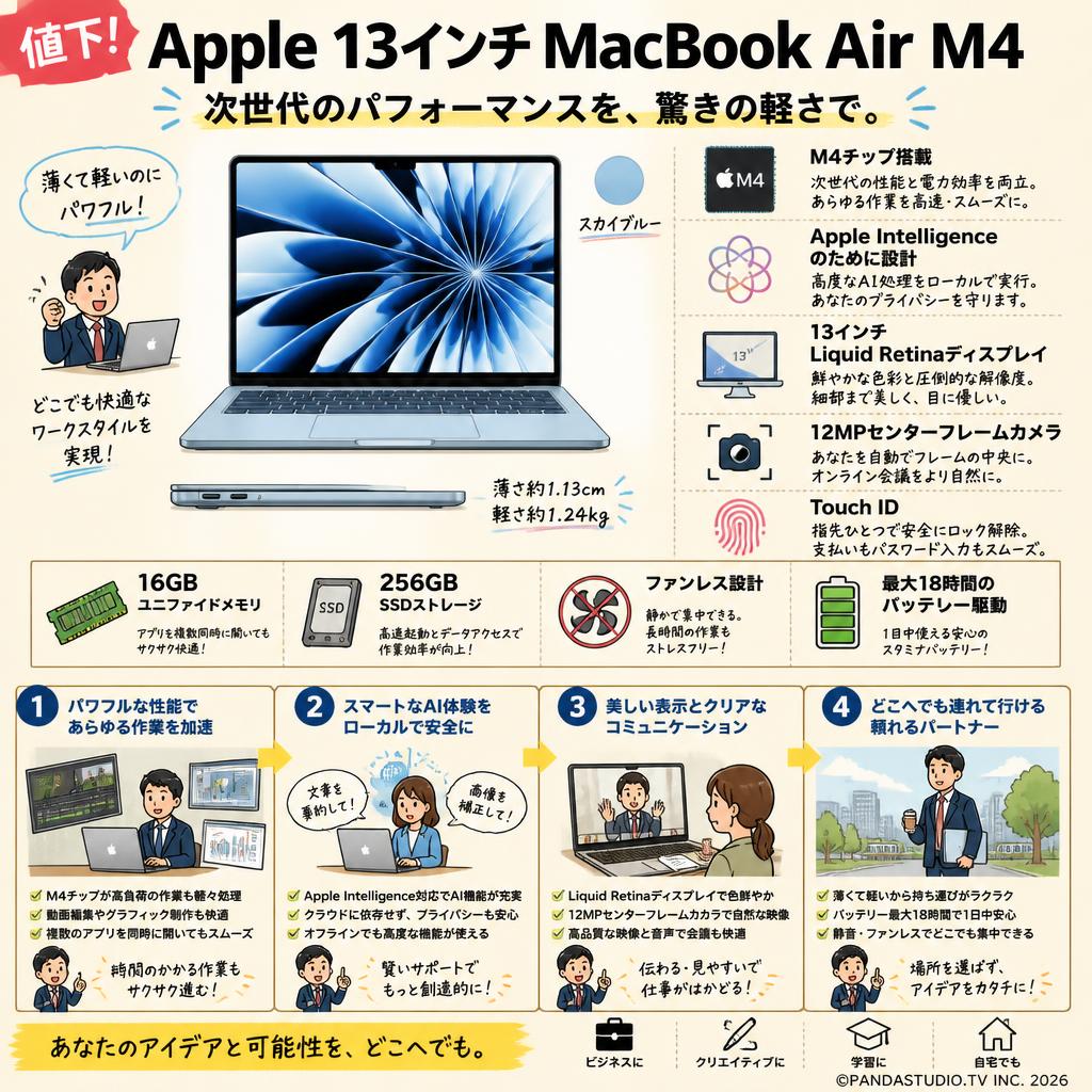 【値下】Apple 13インチMacBook Air M4 Apple Intelligence のために設計、 Liquid Retina ディスプレイ、16GBユニファイドメモリ、 256GB SSD ストレージ、12MP センターフレームカメラ、Touch ID - スカイブルー 概要