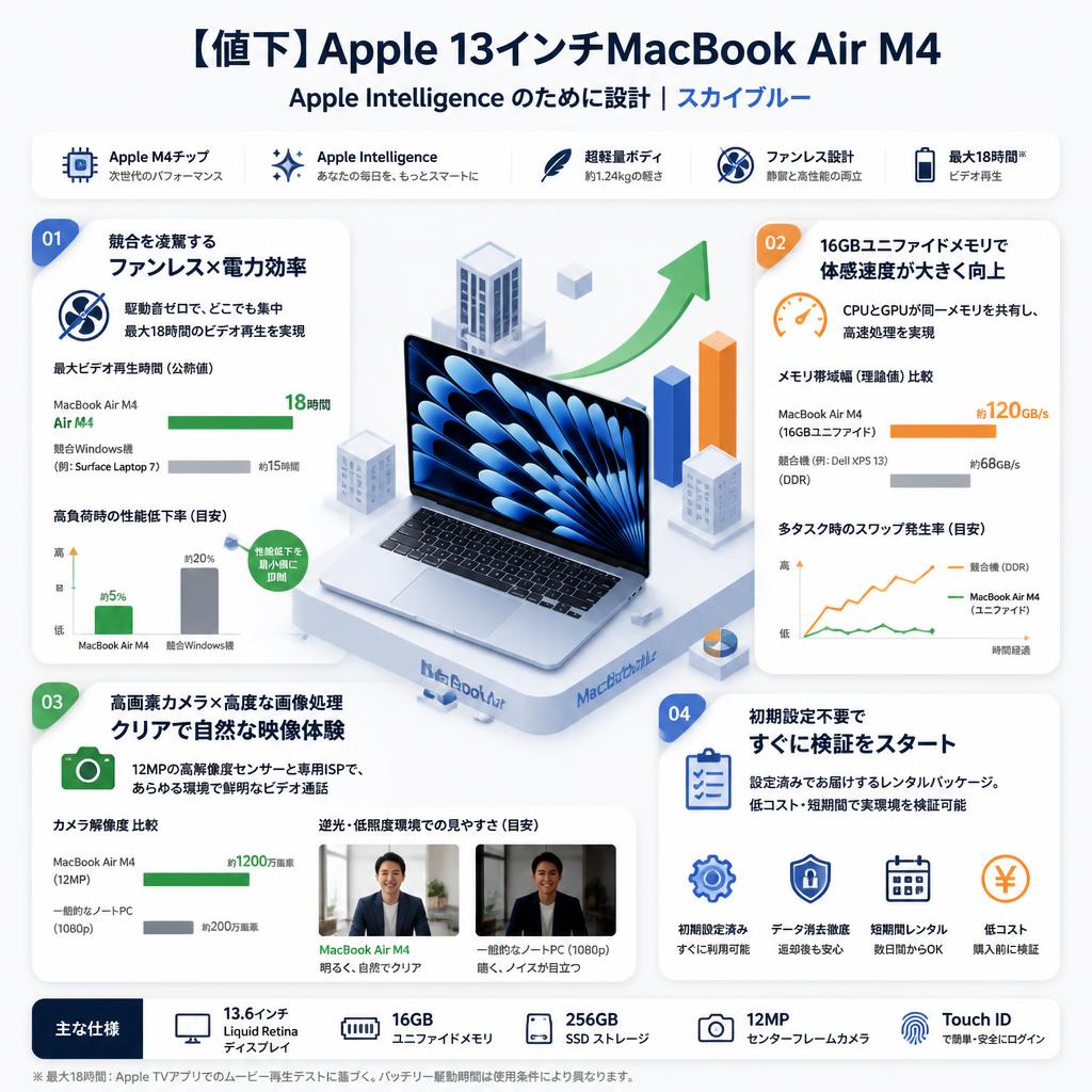 【値下】Apple 13インチMacBook Air M4 Apple Intelligence のために設計、 Liquid Retina ディスプレイ、16GBユニファイドメモリ、 256GB SSD ストレージ、12MP センターフレームカメラ、Touch ID - スカイブルー セールスポイント