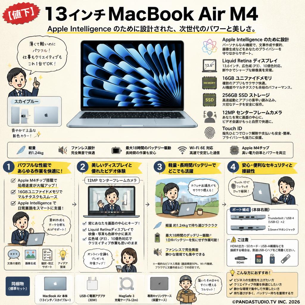【値下】Apple 13インチMacBook Air M4 Apple Intelligence のために設計、 Liquid Retina ディスプレイ、16GBユニファイドメモリ、 256GB SSD ストレージ、12MP センターフレームカメラ、Touch ID - スカイブルー FAQ（よくある質問と答え）