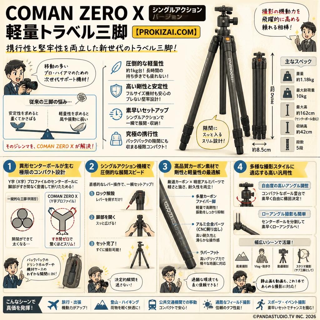 COMAN ZERO X シングルアクション バージョン 軽量トラベル三脚【PROKIZAI.COM】 概要