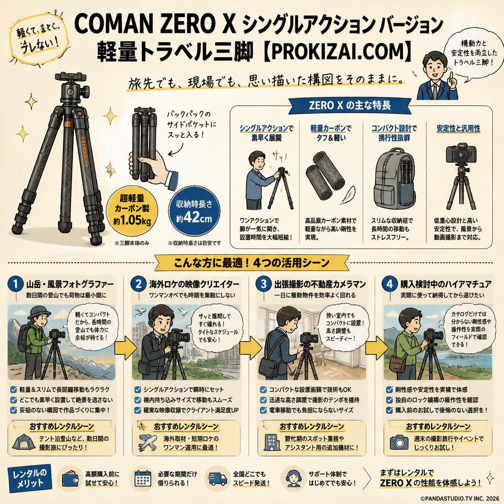 COMAN ZERO X シングルアクション バージョン 軽量トラベル三脚【PROKIZAI.COM】 おもな対象のお客様