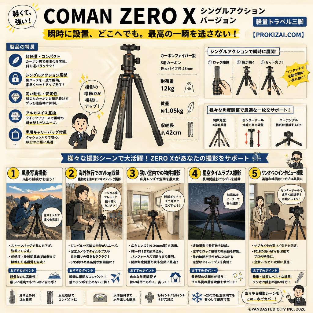 COMAN ZERO X シングルアクション バージョン 軽量トラベル三脚【PROKIZAI.COM】 用途