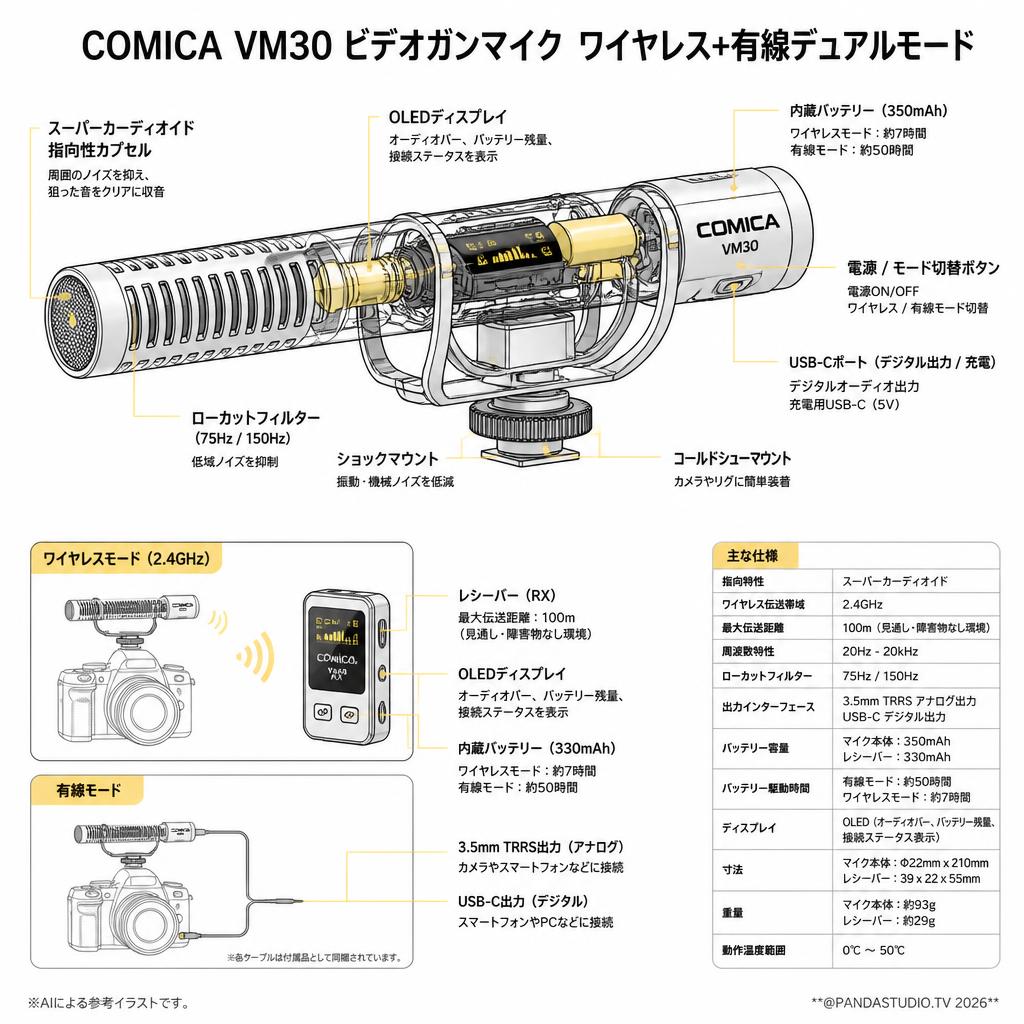 COMICA VM30 ビデオガンマイク ワイヤレス+有線デュアルモード スペック