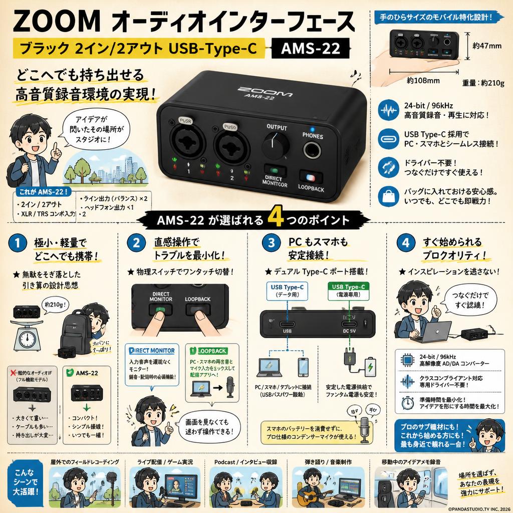 ZOOM オーディオインターフェース ブラック 2イン/2アウトUSB-Type-C  AMS-22 概要