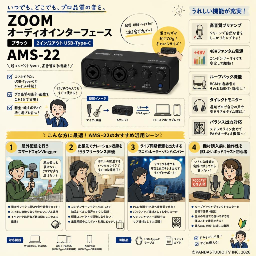 ZOOM オーディオインターフェース ブラック 2イン/2アウトUSB-Type-C  AMS-22 おもな対象のお客様