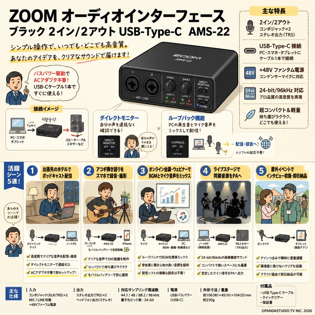 ZOOM オーディオインターフェース ブラック 2イン/2アウトUSB-Type-C  AMS-22 用途