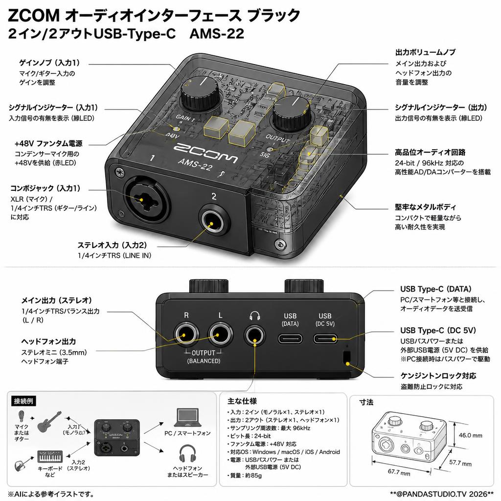 ZOOM オーディオインターフェース ブラック 2イン/2アウトUSB-Type-C  AMS-22 スペック